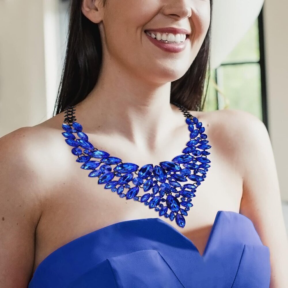 🆕 Women Blue Rhinestone Chunky Bib Collar Necklace Crystal Costume Jewelry Gift - Picture 5 of 8